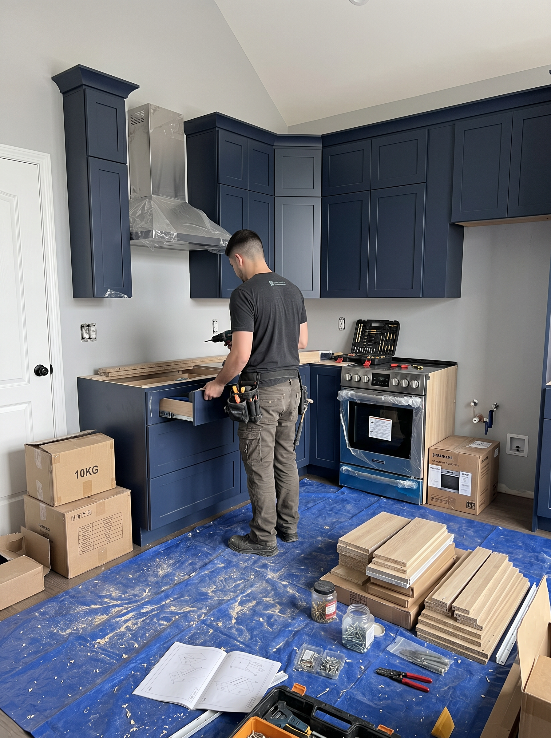 Professional installer working on cabinetry